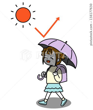 一個女孩撐著陽傘走在上學的路上。 138177630
