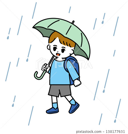 A boy walking to school with an umbrella. 138177631