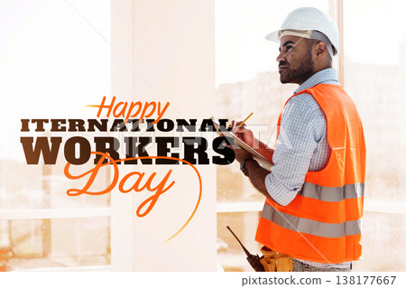 Celebration of International Workers Day on May 1 with workers in bright safety gear 138177667