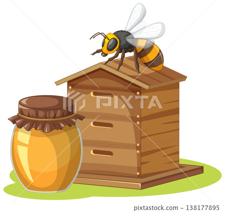 Honey Bee on Wooden Beehive Next to a Jar of Honey Honey Bee on Wooden Beehive Next to a Jar of Honey 138177895