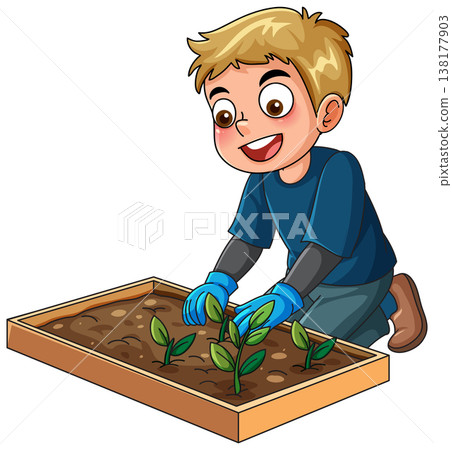 Young Boy Planting Seedlings in a Wooden Garden Box Illustration Young Boy Planting Seedlings in a Wooden Garden Box Illustration 138177903