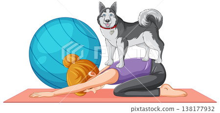 Woman Practicing Yoga in Child Pose with Siberian Husky on Back Woman Practicing Yoga in Child Pose with Siberian Husky on Back 138177932