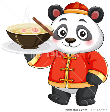 Cartoon Panda Character Holding a Bowl of Hot Noodle Soup 138177933