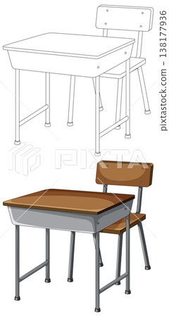 School Desk Line Art and Colored Vector Illustration 138177936