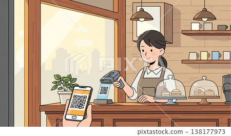咖啡館支付場景：智慧型手機和員工 138177973
