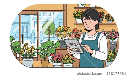 A woman working in a flower shop, a peaceful daily life. 138177984