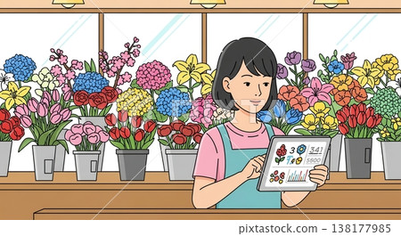 Illustration of a woman looking at her smartphone in a flower shop. 138177985