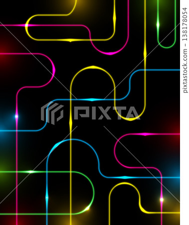 neon abstract background with vibrant glowing paths in pink blue and yellow weaving through a dark digital void for technology and network 138178054