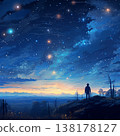 Contemplative Figure Gazing at a Starry Night Sky with Celestial Wonders and Dreamlike Landscape 138178127