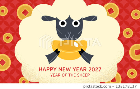 Zodiac sheep holding sycee ingot with lucky coins in background Zodiac sheep holding sycee ingot with lucky coins in background 138178137