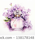 Elegant Clear Round Glass Perfume Bottle with Gold Cap and Purple Floral Design on White Background 138178148
