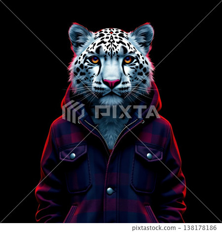 一幅雪豹獨行的肖像,它身穿格子外套,在漆黑的背景下顯得格外醒目。 一幅雪豹獨行的肖像,它身穿格子外套,在漆黑的背景下顯得格外醒目。 138178186