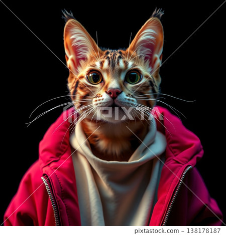 一隻擬人化的孟加拉貓，眼神睿智，穿著一件鮮豔的漿果紅色連帽衫。 138178187