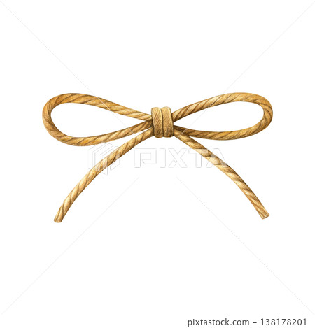 Twine. Hand-painted watercolor illustration of a tied rope bow with natural texture. Ideal for rustic design, packaging, nautical themes, invitations or decorative elements 138178201