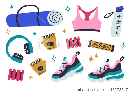 Fitness set with sport mat, women top, sneakers, wrist and ankle weights, protein bar, water bottle, headphones. Stylish workout accessories and activewear, healthy lifestyle vector illustration 138178247