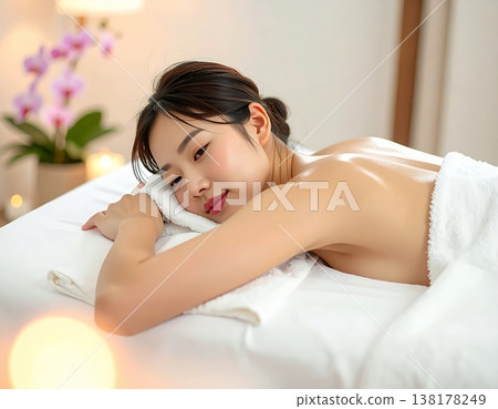 一位年輕的日本女性在美容院接受護理，隨後安然入睡的特寫鏡頭。 138178249