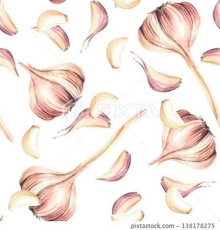 Watercolor Garlic seamless pattern. Hand drawn whole bulb with cloves. Realistic painting fresh and dried vegetables or fragrant herbs. Illustration isolated from background. Culinary seasoning fabric Watercolor Garlic seamless pattern. Hand drawn whole bulb with cloves. Realistic painting fresh and dried vegetables or fragrant herbs. Illustration isolated from background. Culinary seasoning fabric 138178275