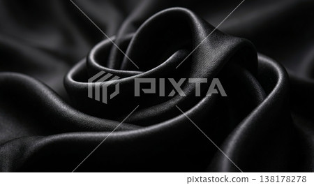 Luxurious Black Satin Textile Curled into an Abstract Rose with Soft Lighting Luxurious Black Satin Textile Curled into an Abstract Rose with Soft Lighting 138178278