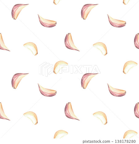Watercolor garlic cloves with and without peel seamless pattern. Garden aromatic spices vegetables, food seasoning. Hand drawn illustration on isolated white background for packaging, kitchen fabric Watercolor garlic cloves with and without peel seamless pattern. Garden aromatic spices vegetables, food seasoning. Hand drawn illustration on isolated white background for packaging, kitchen fabric 138178280