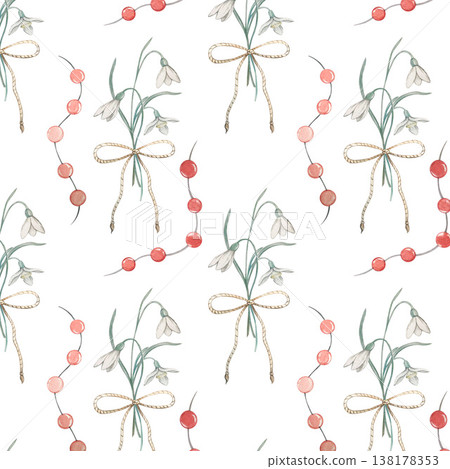 spring flower snowdrop with tied bow seamless pattern watercolor illustration spring flower snowdrop with tied bow seamless pattern watercolor illustration 138178353