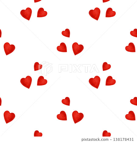 Watercolor seamless pattern of scattered red hearts on a white background. Perfect for Valentine’s cards, wrapping paper, fabrics or love-themed designs Watercolor seamless pattern of scattered red hearts on a white background. Perfect for Valentine’s cards, wrapping paper, fabrics or love-themed designs 138178431