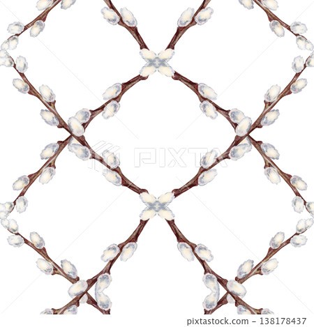 Seamless watercolor pattern with pussy willow branches arranged in geometric diamond lattice. Elegant minimal spring design with soft neutral tones, perfect for textiles, wrapping paper, Easter decor Seamless watercolor pattern with pussy willow branches arranged in geometric diamond lattice. Elegant minimal spring design with soft neutral tones, perfect for textiles, wrapping paper, Easter decor 138178437