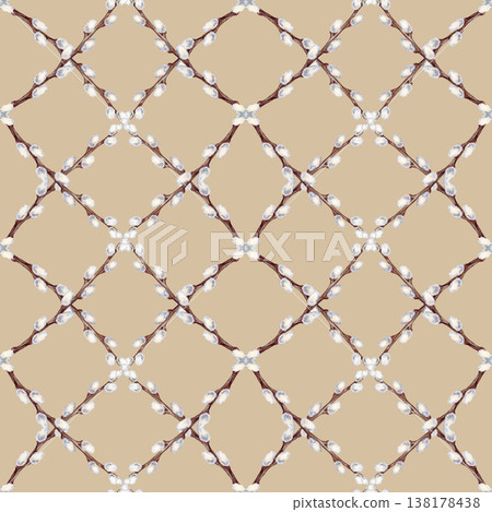 Seamless watercolor pattern with pussy willow branches arranged in geometric diamond lattice. Elegant minimal spring design with soft neutral tones, perfect for textiles, wrapping paper, Easter decor Seamless watercolor pattern with pussy willow branches arranged in geometric diamond lattice. Elegant minimal spring design with soft neutral tones, perfect for textiles, wrapping paper, Easter decor 138178438