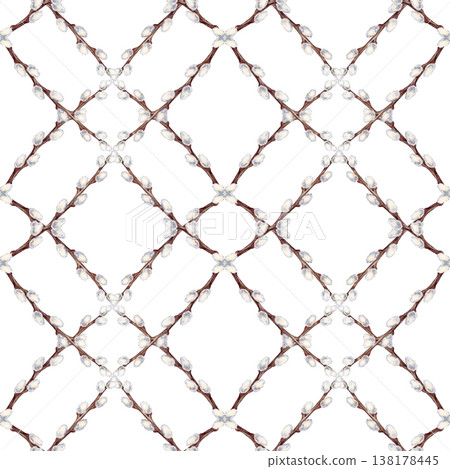 Seamless watercolor pattern with pussy willow branches arranged in geometric diamond lattice. Elegant minimal spring design with soft neutral tones, perfect for textiles, wrapping paper, Easter decor Seamless watercolor pattern with pussy willow branches arranged in geometric diamond lattice. Elegant minimal spring design with soft neutral tones, perfect for textiles, wrapping paper, Easter decor 138178445