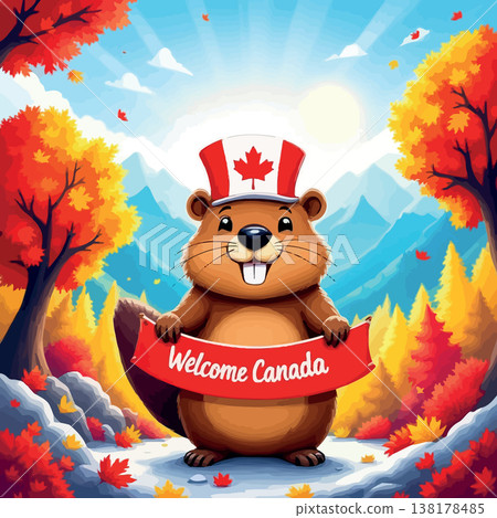 Vsai beaver in maple leaf hat welcoming canada 138178485