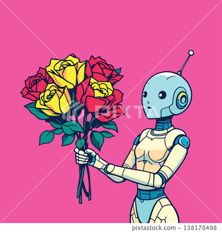 Vsai robot offering bouquet of roses on pink background Vsai robot offering bouquet of roses on pink background 138178498