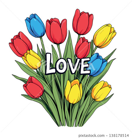 Vsai colorful tulip bouquet forming word love for romance Vsai colorful tulip bouquet forming word love for romance 138178514