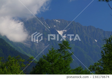 長野縣松本市上高地初夏時節，山上殘留的積雪與翠綠的植物交相輝映，令人賞心悅目。 138178674