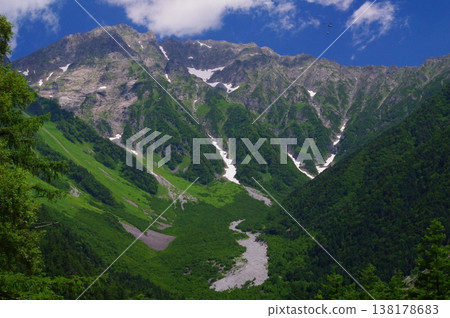 長野縣松本市上高地初夏時節，山上殘留的積雪與翠綠的植物交相輝映，令人賞心悅目。 138178683