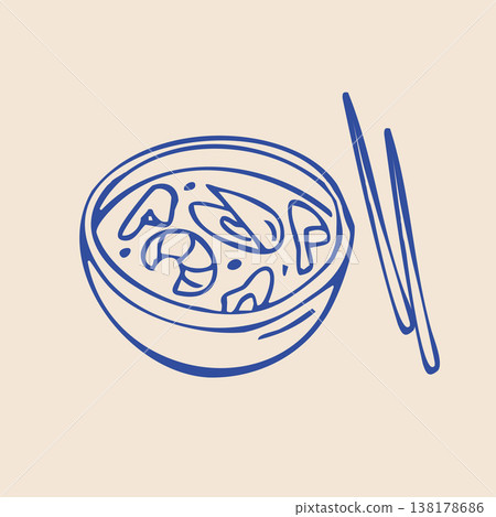 Hand drawn Asian soup bowl with chopsticks. Vector Line Art Doodle Illustration 138178686