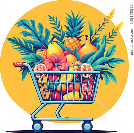 Vsai shopping cart full of fresh tropical fruit foliage Vsai shopping cart full of fresh tropical fruit foliage 138178858
