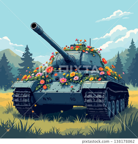 Vsai military tank covered with blooming flowers in meadow Vsai military tank covered with blooming flowers in meadow 138178862