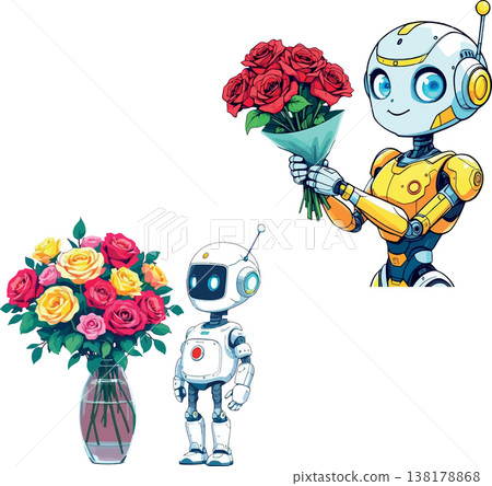 Vsai robot celebrating anniversary offering roses and flowers Vsai robot celebrating anniversary offering roses and flowers 138178868