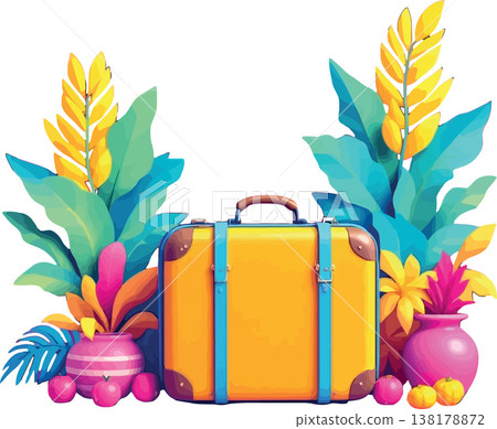 Vsai yellow suitcase with tropical plants for summer travel 138178872