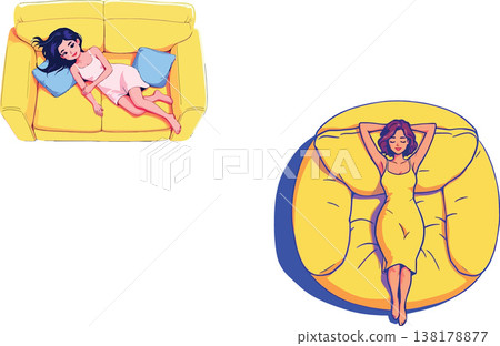 Vsai women relaxing at home on couch and bean bag chair 138178877