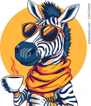Vsai zebra wearing sunglasses and scarf drinking coffee Vsai zebra wearing sunglasses and scarf drinking coffee 138178884