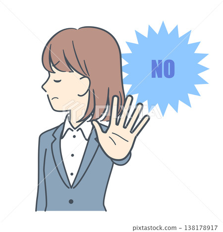 An illustration of a young businesswoman with her palms outstretched in rejection; upper body only. An illustration of a young businesswoman with her palms outstretched in rejection; upper body only. 138178917