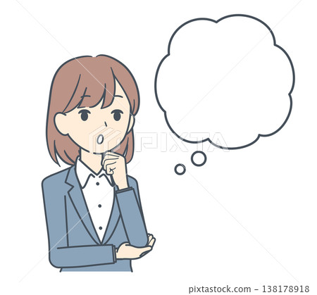 一幅年輕女商人的插圖，她手托下巴，正在沉思（上半身），旁邊有一個對話框。 138178918