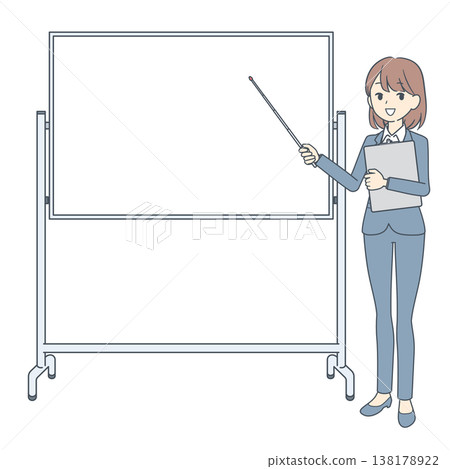 An illustration of a young businesswoman standing in front of a whiteboard, holding a pointer. An illustration of a young businesswoman standing in front of a whiteboard, holding a pointer. 138178922