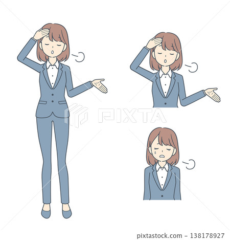 一組插圖,描繪了一位年輕女商人惱怒地嘆氣。 一組插圖,描繪了一位年輕女商人惱怒地嘆氣。 138178927