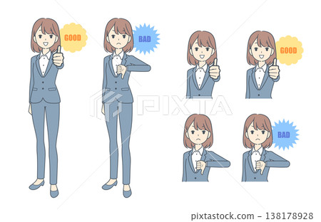 一組年輕女商人豎起大拇指和大拇指向下的插圖。 一組年輕女商人豎起大拇指和大拇指向下的插圖。 138178928