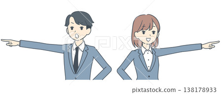 An illustration of a young businessman and businesswoman pointing straight ahead (upper body). An illustration of a young businessman and businesswoman pointing straight ahead (upper body). 138178933