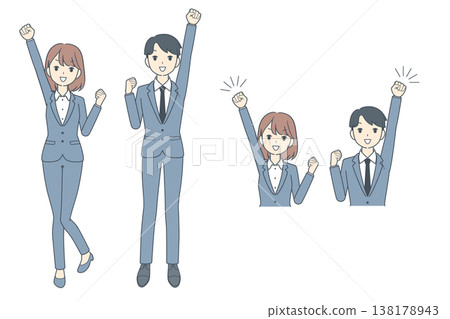 一組年輕商務人士舉起拳頭的插圖-全身像和上半身像。 一組年輕商務人士舉起拳頭的插圖-全身像和上半身像。 138178943