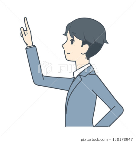 An illustration of a young businessman facing sideways and pointing upwards (upper body). An illustration of a young businessman facing sideways and pointing upwards (upper body). 138178947
