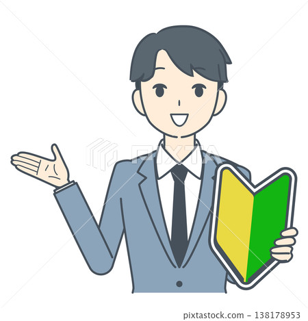 圖：一位年輕商人一邊說話一邊展示新手駕駛貼紙（上半身） 138178953