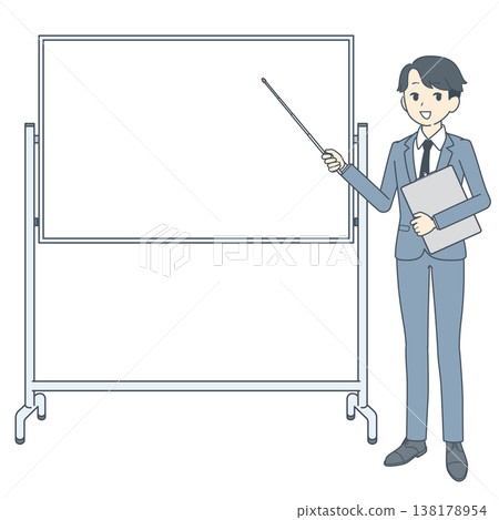 一位年輕的商人站在白板前,手持指示棒。 一位年輕的商人站在白板前,手持指示棒。 138178954